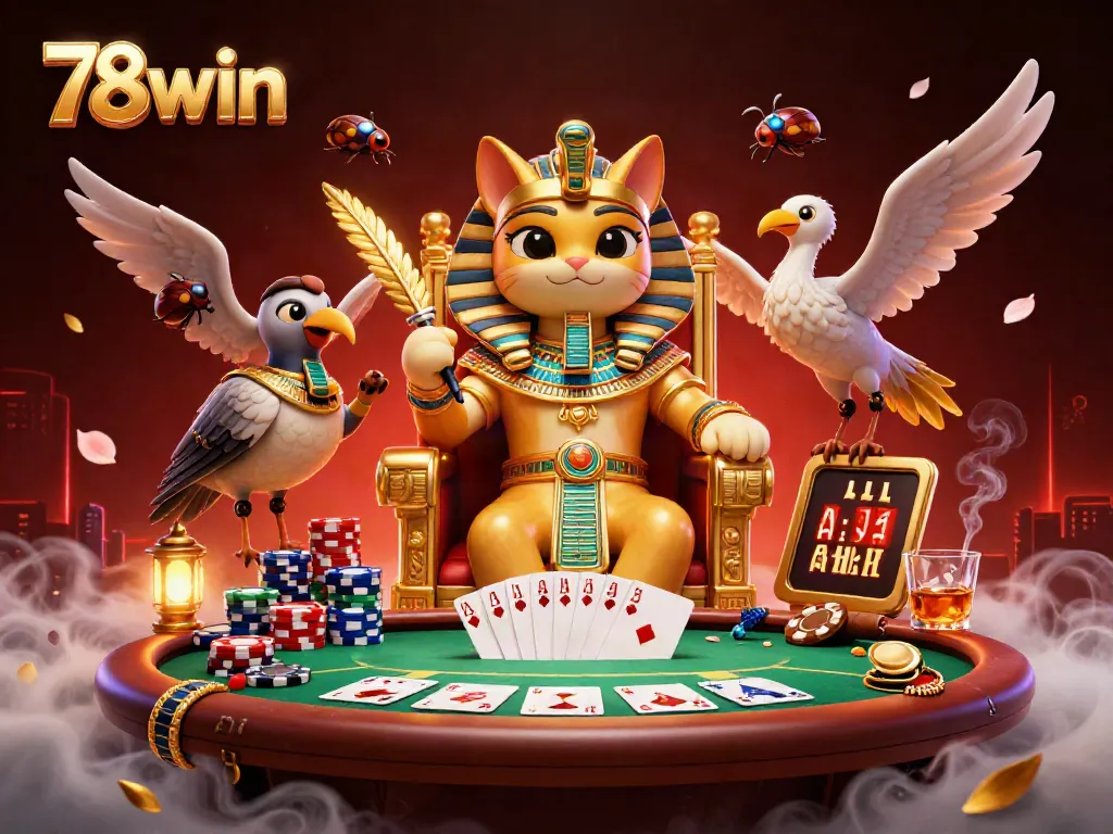 Engage with 78win at a dynamic casino scene featuring an Egyptian pharaoh cat and poker elements.