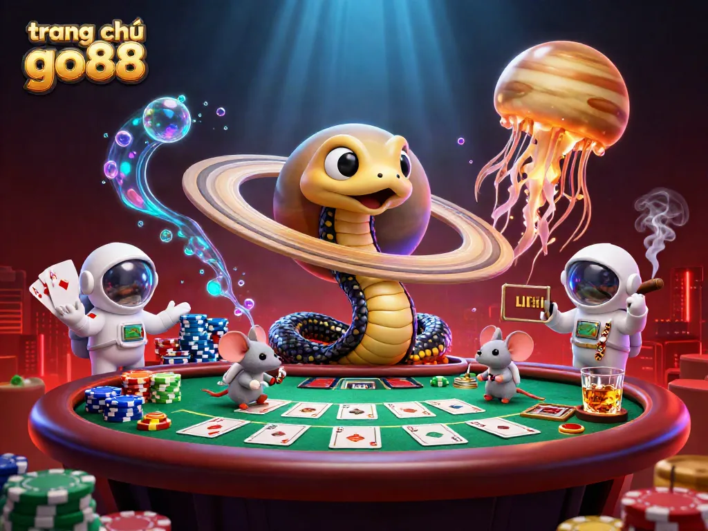 Experience the thrilling action on trang chủ go88 with a colorful scene of gaming excitement, showcasing a Jupiter-sized golden jellyfish dealer and vibrant bets.