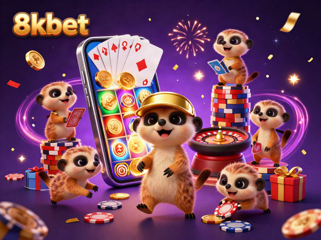 Experience the excitement of 8xbet with meerkats managing a bustling casino scene.
