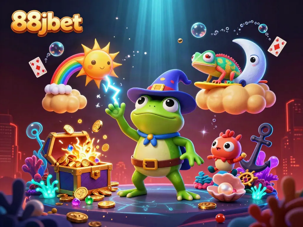 Winning big at 88jbet with a whimsical scene of a wizard frog and chameleon, surrounded by casino elements.