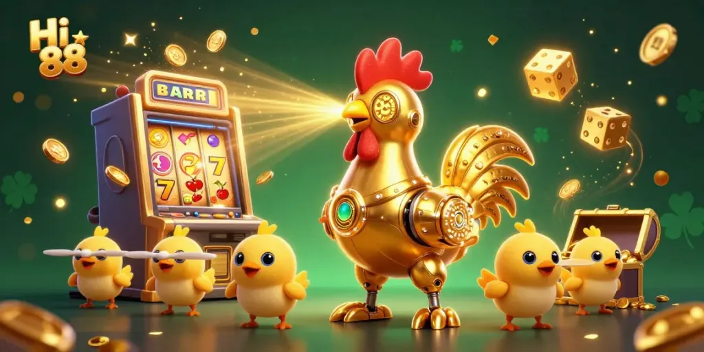 Experience thrilling moments at Hi 88 with a dynamic casino-themed 3D illustration featuring vibrant game elements.