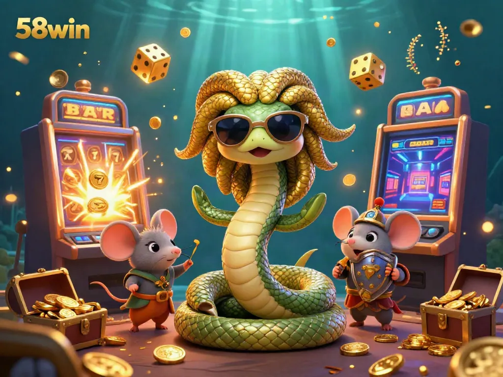 Experience the exciting world of 58win with a vibrant slot machine and charming characters in this 3D illustration.
