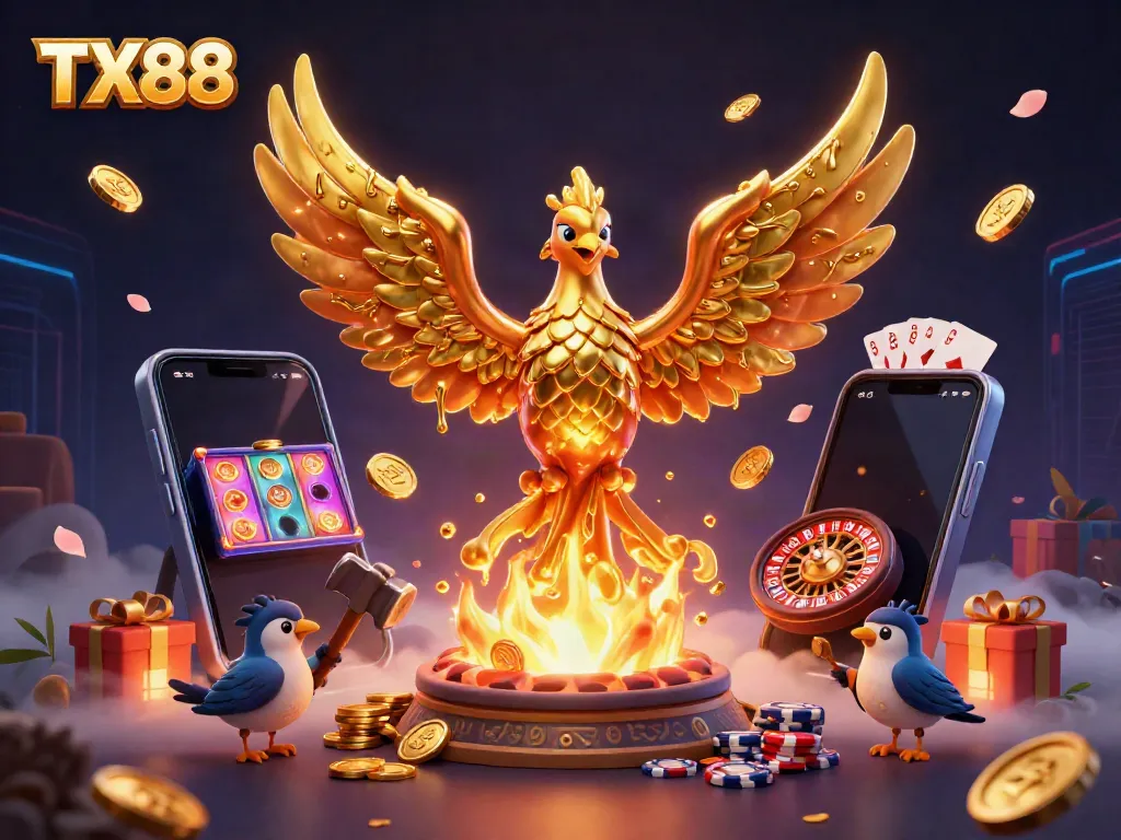 Experience the thrill of casino gaming with TX88, featuring a dynamic phoenix emerging amidst golden coins and vibrant games.