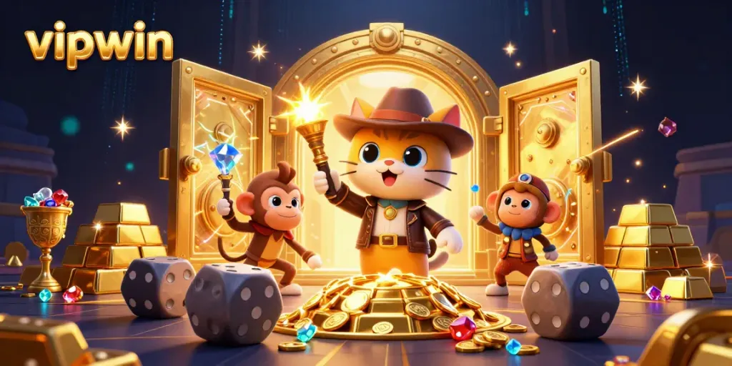Experience excitement with vipwin's golden casino treasure revelation scene featuring an adventurous cat and monkey.