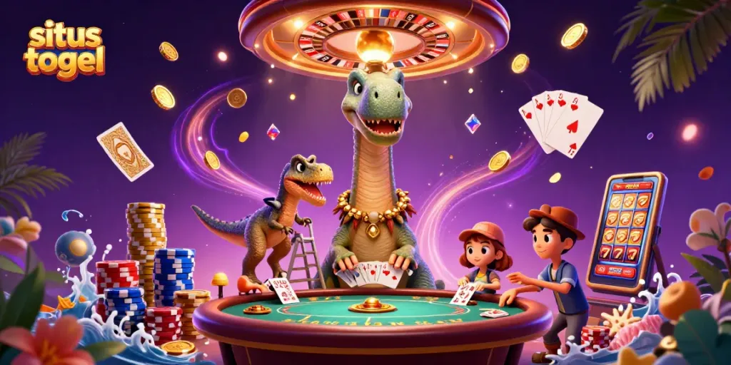 Experience thrilling situs togel action with a brontosaurus and raptor amidst vibrant casino elements.