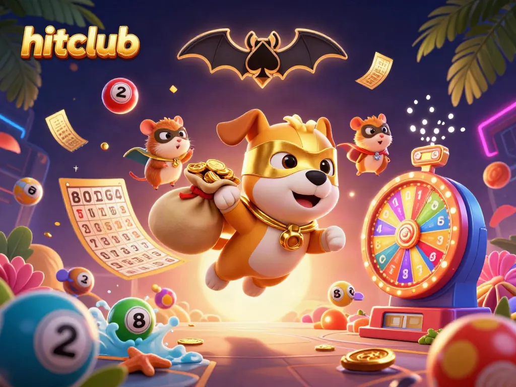 Hitclub offers exciting winning opportunities with vibrant gaming elements and playful characters in action.