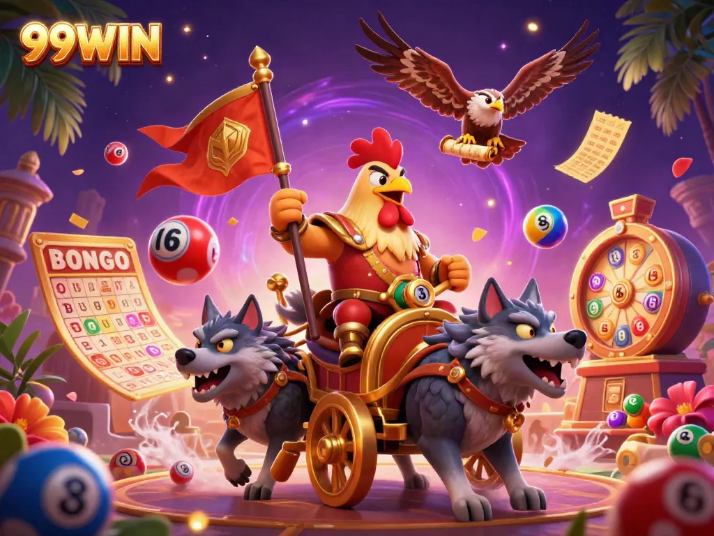 Experience the excitement of 99WIN with vibrant lottery elements and a majestic rooster warlord.