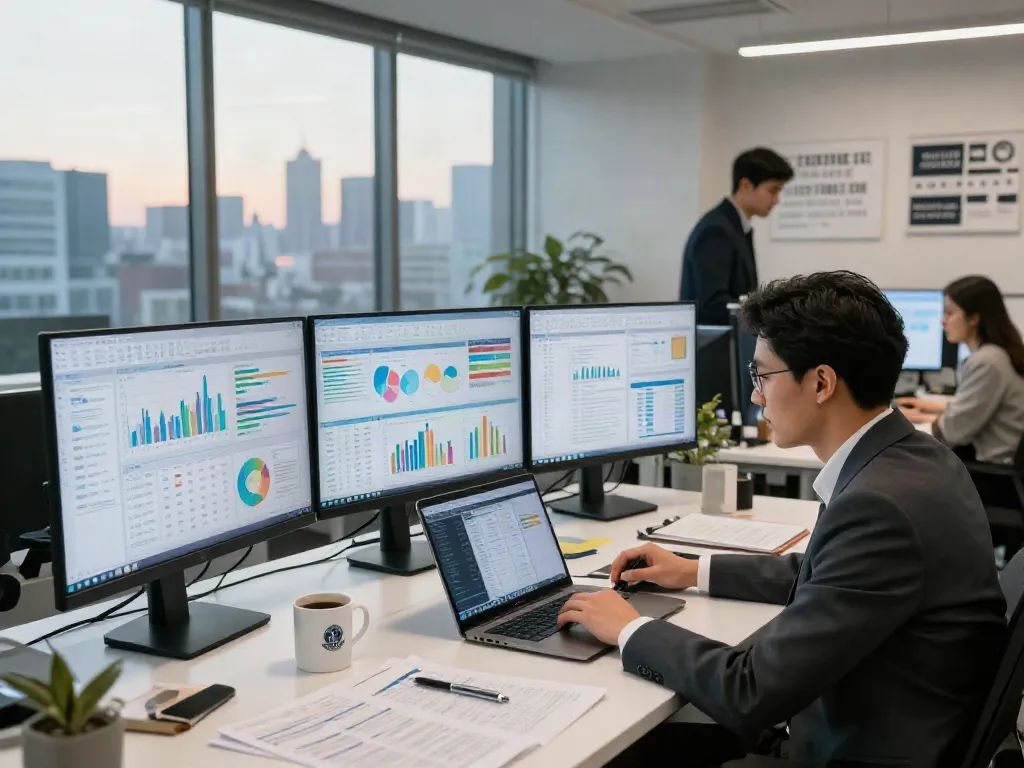 Financial analyst reviewing data insights for pecah404 in a modern office
