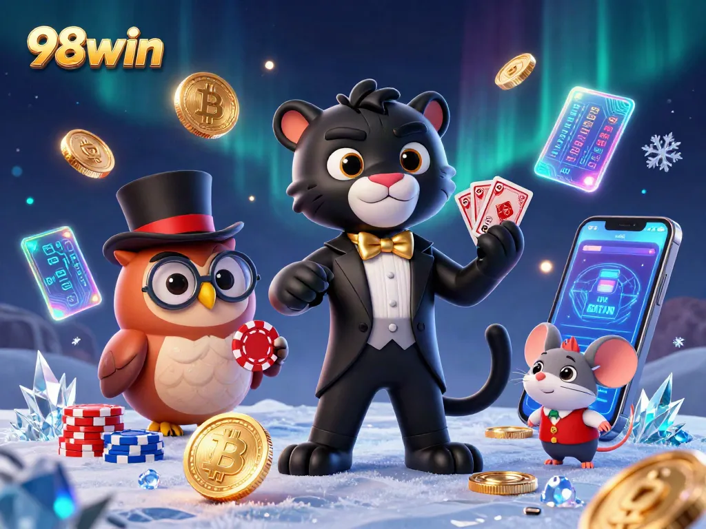 Experience the thrill of 98win at a lively cartoon casino scene with vibrant characters and glowing crypto elements.