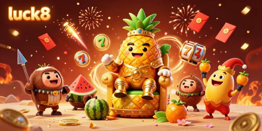 Experience excitement with the luck8 golden pineapple king and engaging casino elements in a vibrant 3D scene.