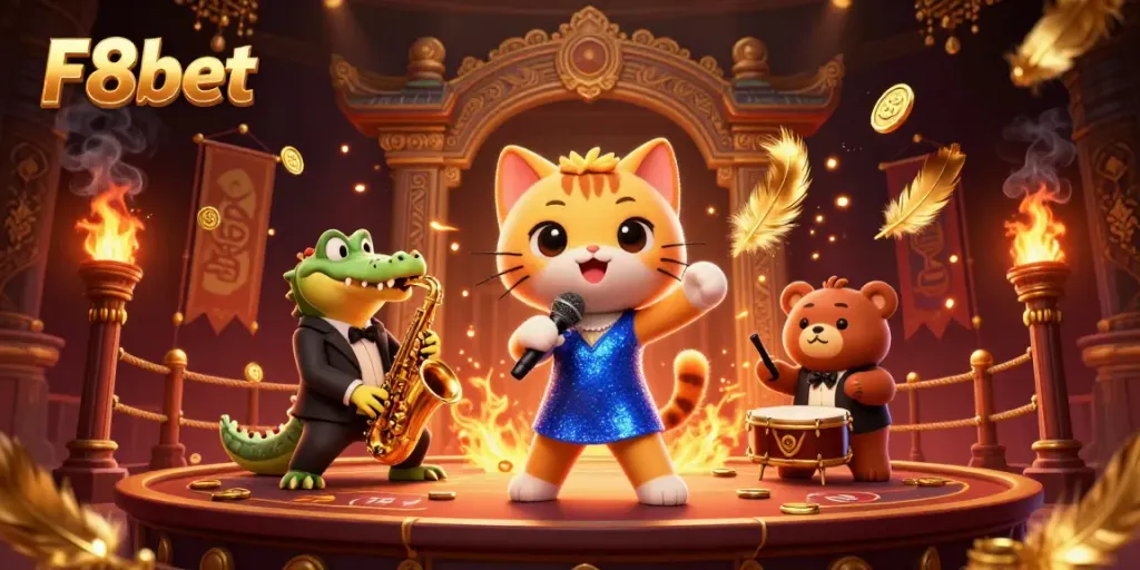 Experience vibrant gaming at F8bet with a lively 3D jazz performance on a casino stage.