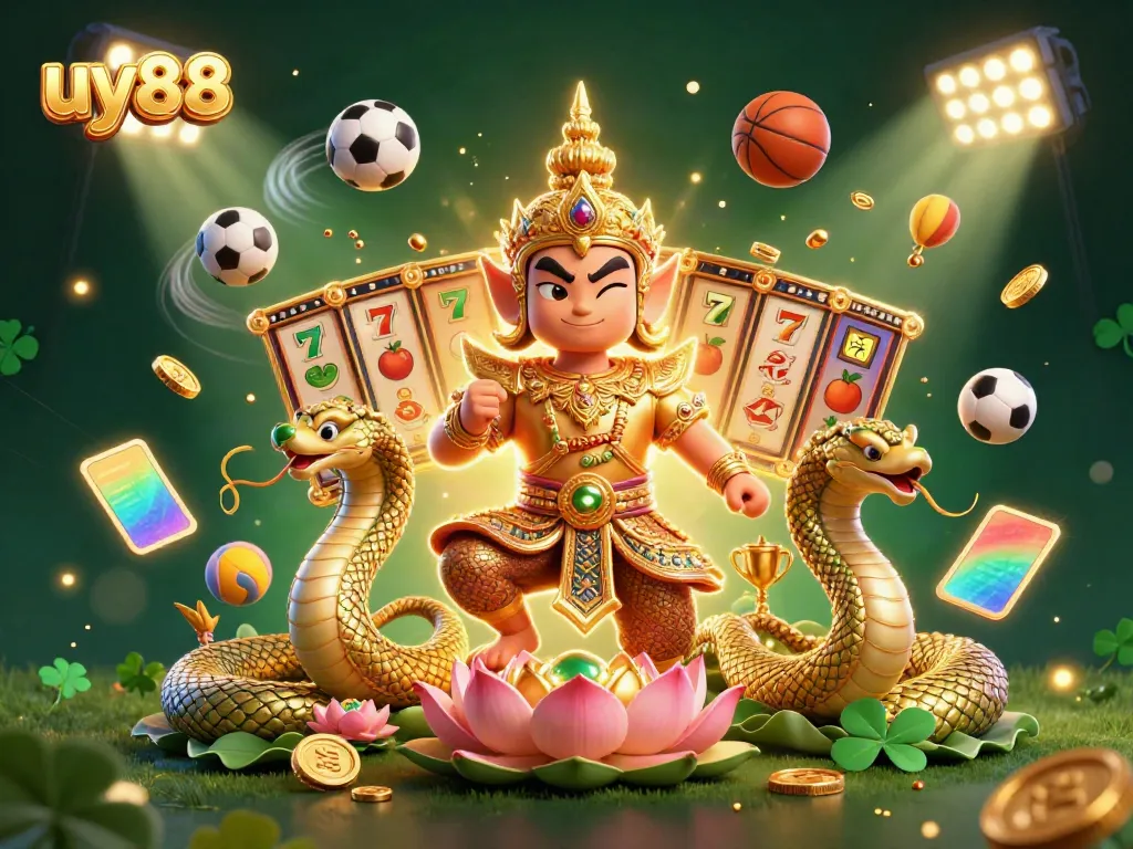 Engage with uy88 in this vibrant, action-packed casino scene featuring a Thai guardian and Naga companions.