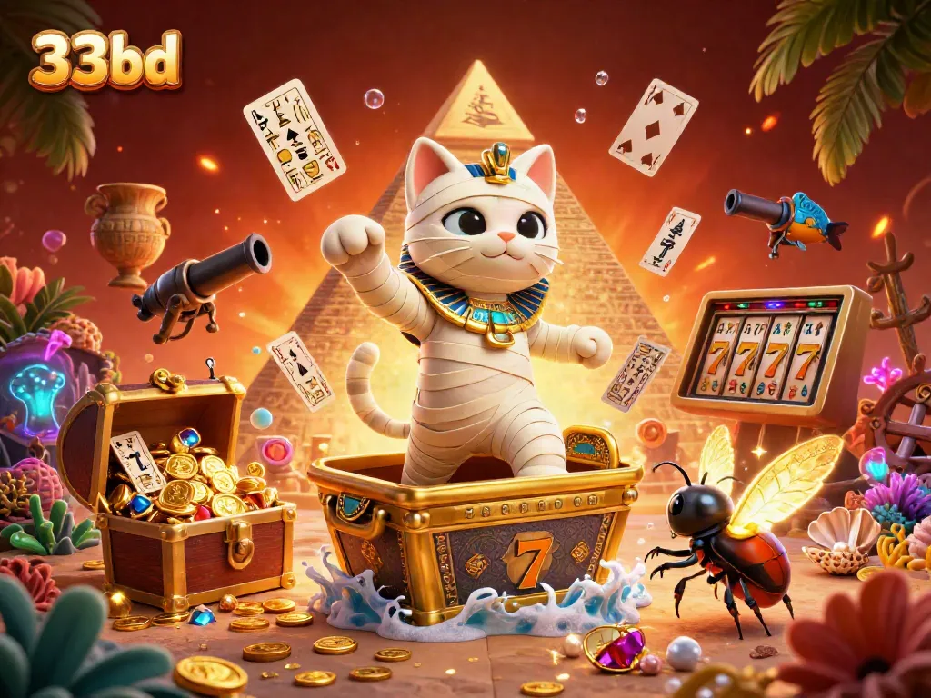 Engage with the lively 33bd casino scene featuring an Egyptian mummy cat and a scarab beetle.