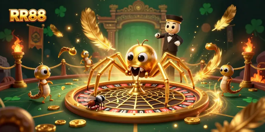 Experience immersive gameplay at RR88 through a vibrant 3D illustration depicting a spider-themed roulette wheel.