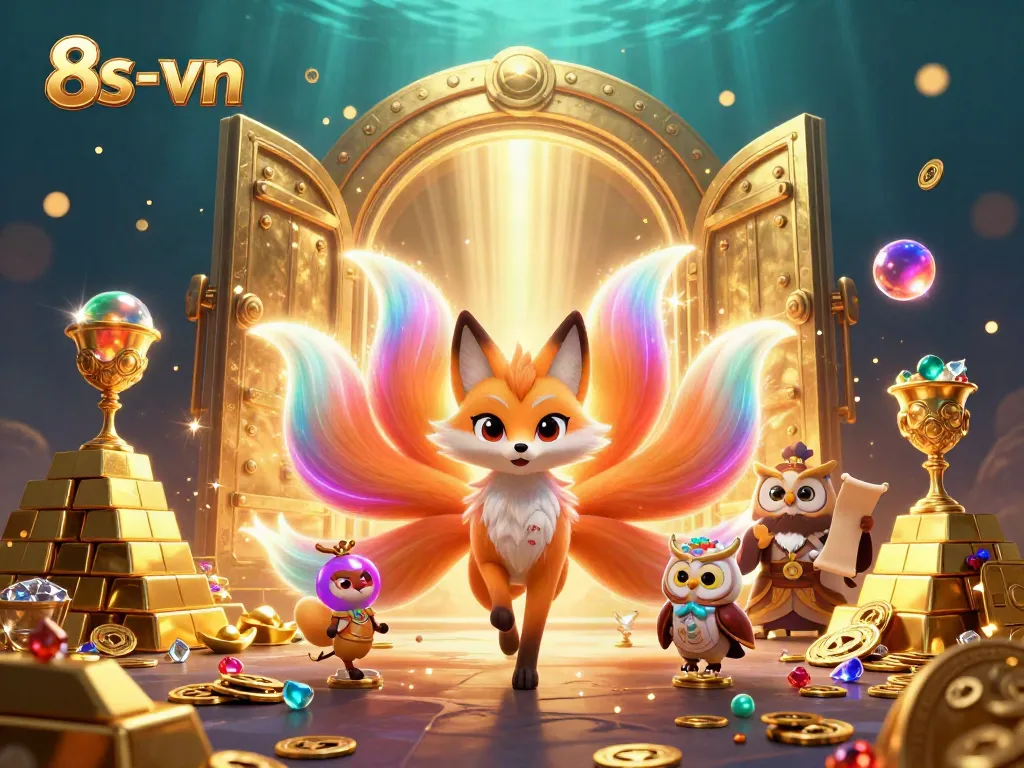 Experience the magic of 8s-vn through a vibrant scene featuring a glowing nine-tailed fox and treasure.