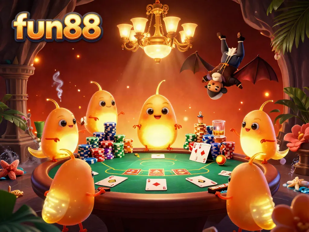 Experience fun88's exciting casino vibe with glowworms illuminating a vibrant poker scene.
