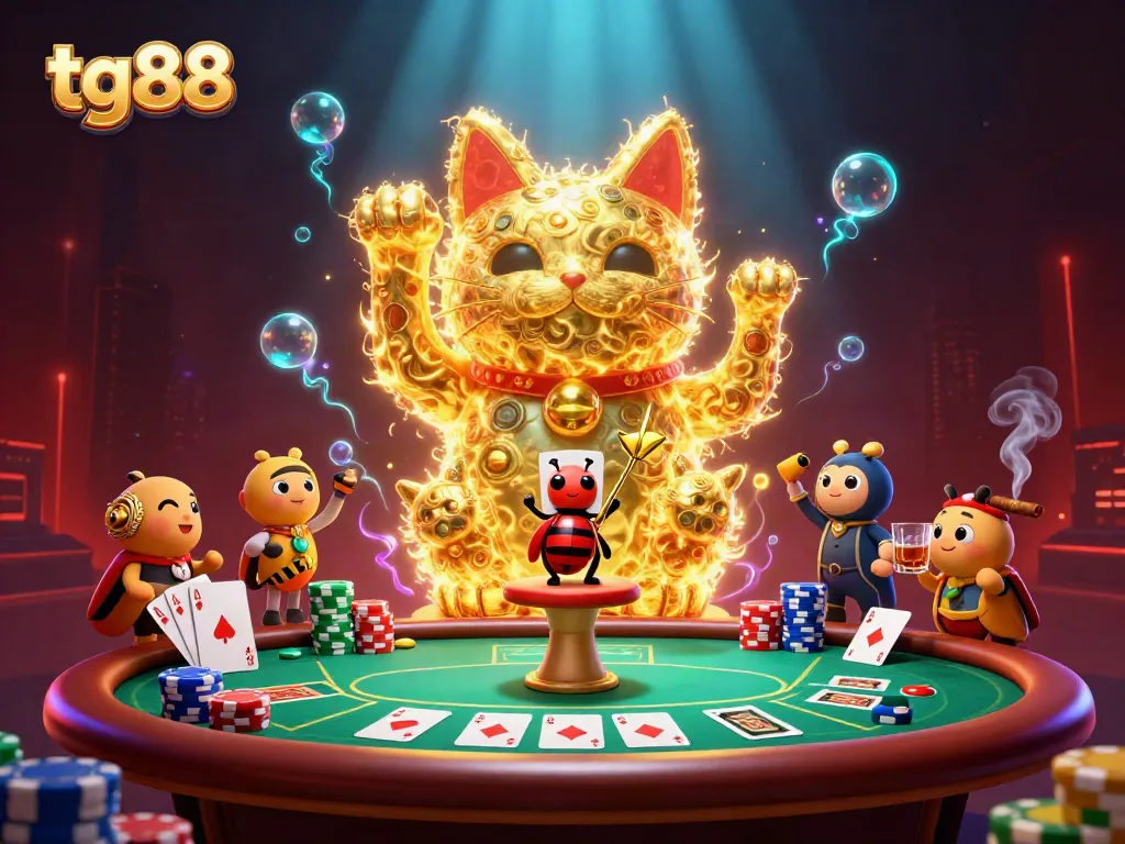 Experience thrilling gaming at tg88 with a vibrant display of casino symbols and characters.