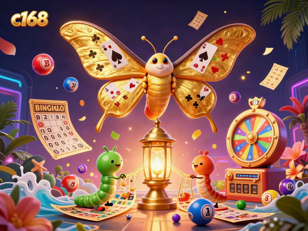 Engage with c168's vibrant casino world, featuring a golden moth and interactive games.