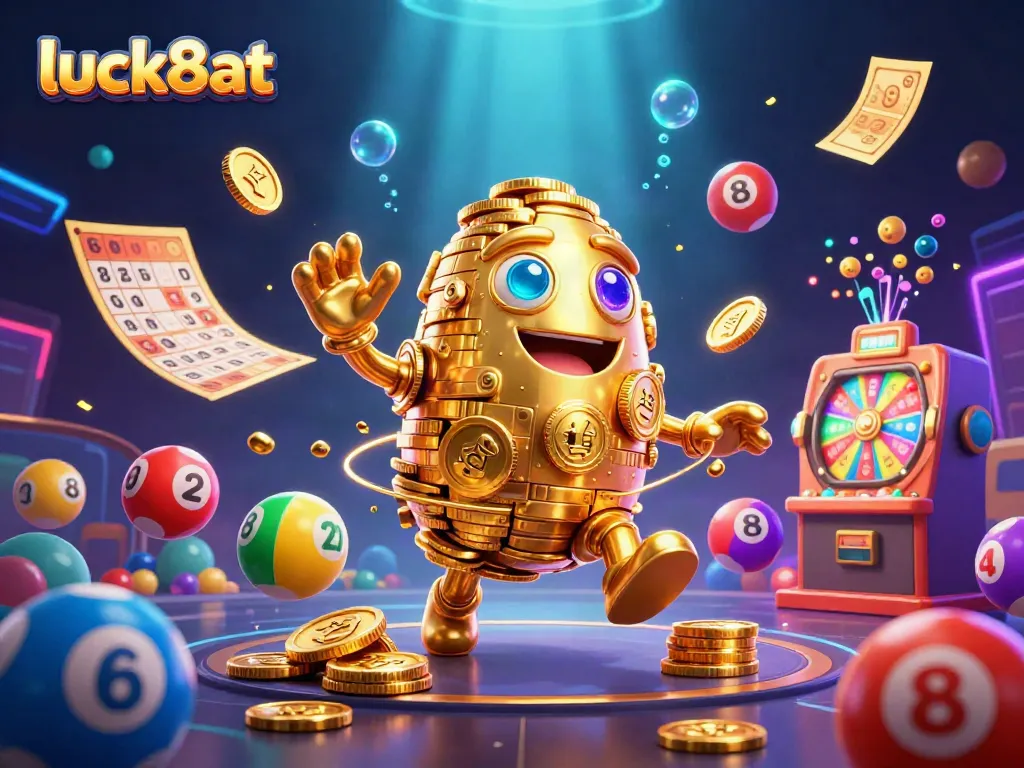 Experience the excitement of luck8at with vibrant lottery balls and golden casino elements.
