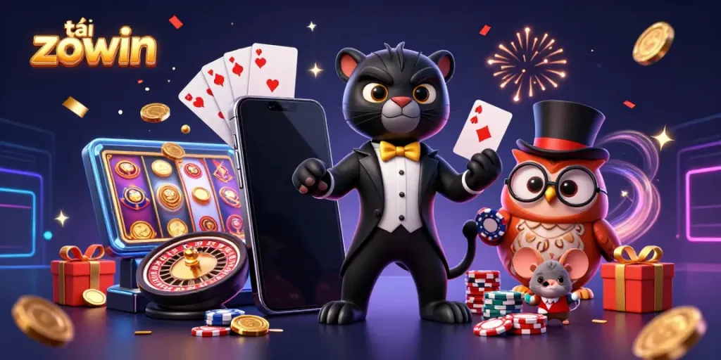 Experience vibrant excitement with tải zowin, a playful illustration showcasing a casino scene with animated characters.