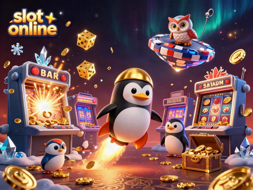 Experience the thrill of slot online gaming with a 3D penguin launching towards a casino space station.