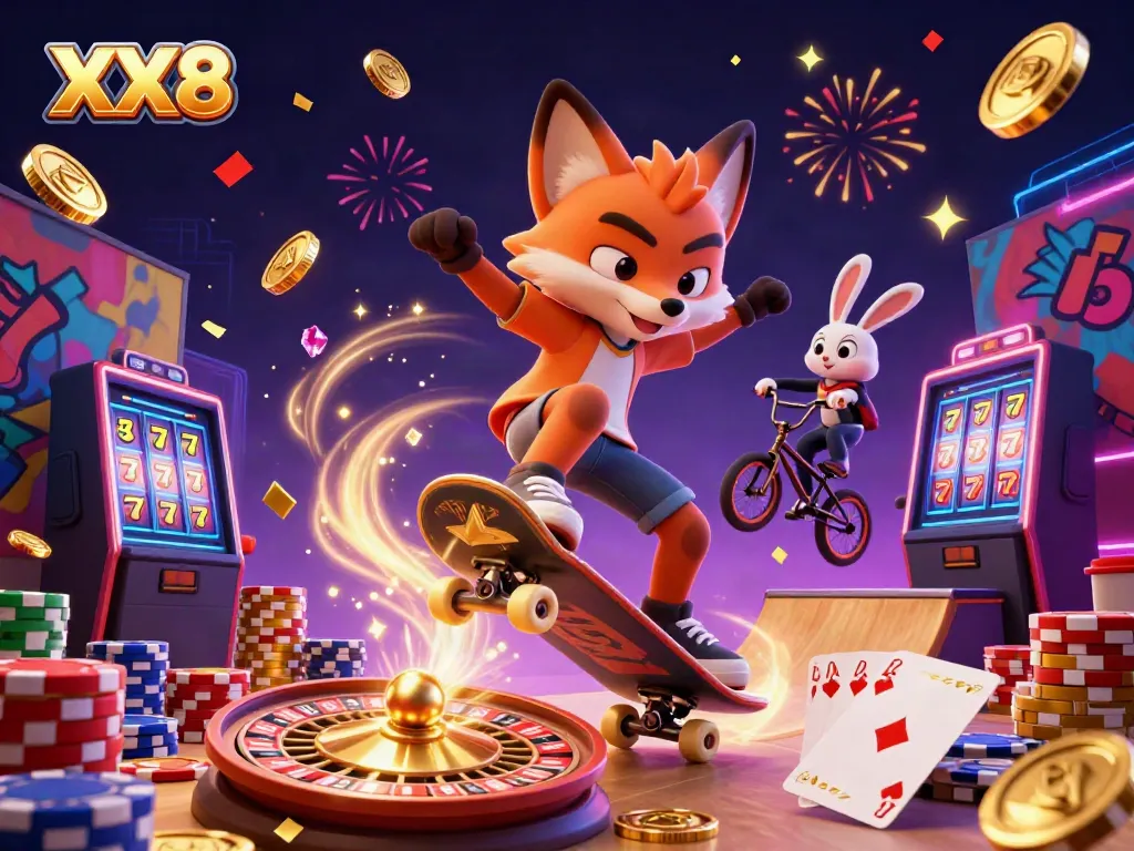 Experience vibrant gaming fun with XX8's cartoon fox performing tricks amidst gaming symbols.