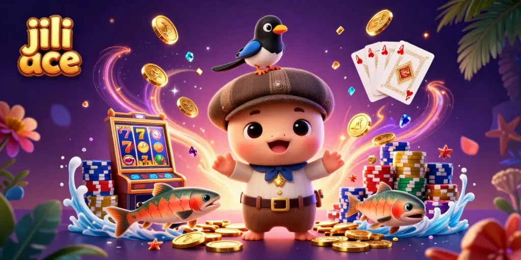 Play jili ace with a charming scene featuring a cute baby Nessie and golden treasures.