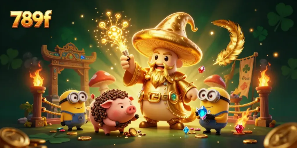 Experience the enchanting world of 789f with a magical golden mushroom wizard, treasure-seeking pig, and gem-carrying minions amidst vibrant casino elements.