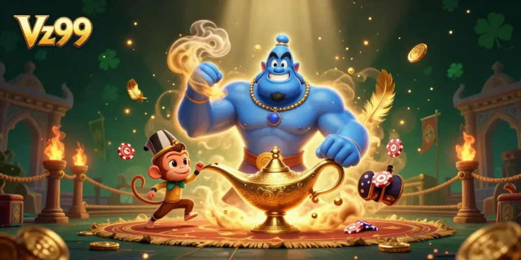 Experience thrilling gameplay with Vz99 in this vibrant casino illustration featuring a genie and poker chips.