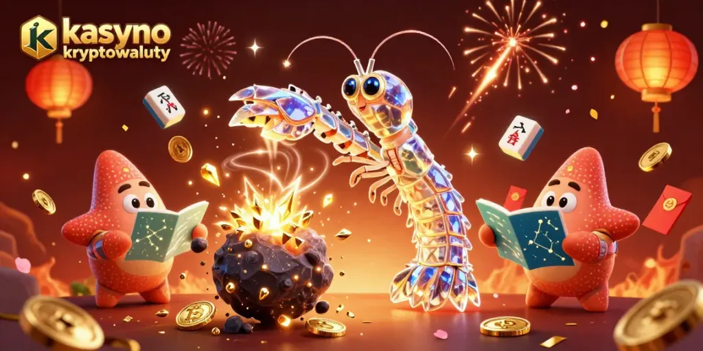 Engage with kasyno kryptowaluty through an epic 3D scene with galactic mantis shrimp and Bitcoin elements.