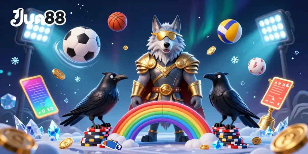 Experience the thrilling world of Jun88 with dynamic gambling scenes featuring a Norse wolf and sports elements.