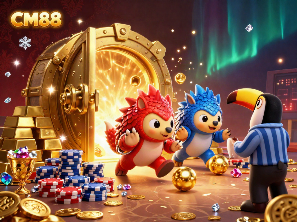 CM88 pangolins bowling through poker chips amidst radiant treasures in a vibrant, dynamic casino scene