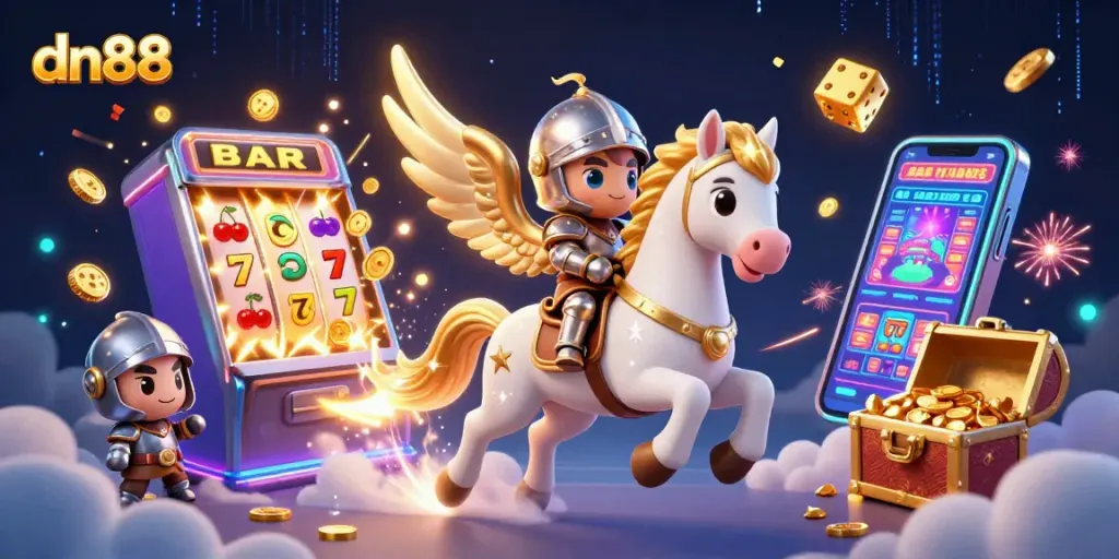 Engage with dn88's thrilling casino experience featuring a celestial horse and jackpot elements.