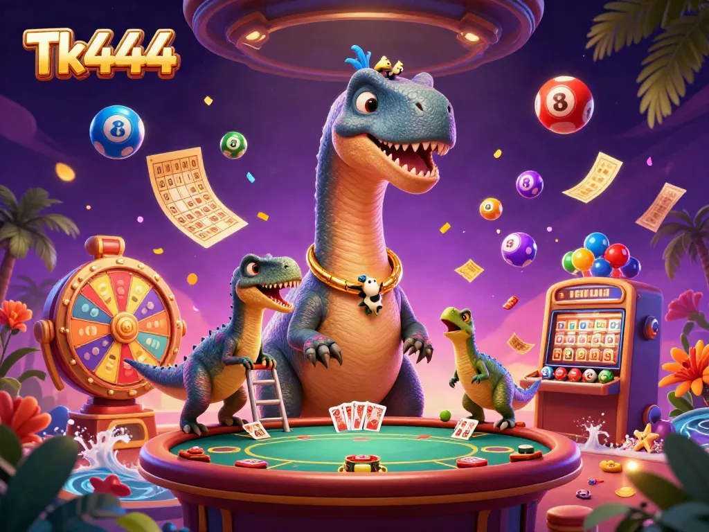 Engage with Tk444's vibrant casino scene featuring a dinosaur dealer and dynamic game elements.
