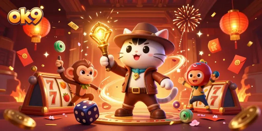 Spin jackpots with ok9-inspired art featuring an archaeologist cat amidst bright casino elements.
