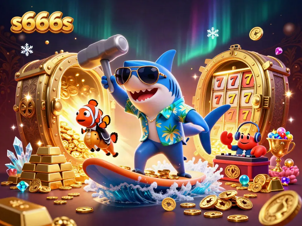 Experience the vibrant world of s666s with a shark surfing on gold coins amidst dazzling casino elements.