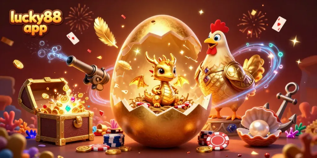 Engage with the lucky88 app as a golden dragon emerges among poker chips and casino treasures.