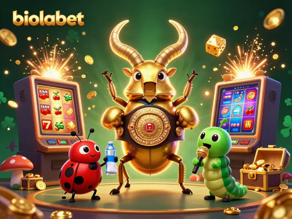 Engage in thrilling gameplay with biolabet, featured in a dynamic scene of a giant golden stag beetle boxing champion.