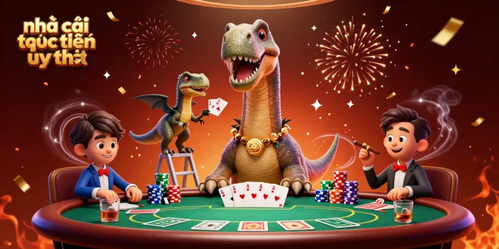 Engage with the vibrant scene featuring a playful brontosaurus and clever raptor in a lively casino setting, encapsulating the essence of nhà cái trực tuyến uy tín.