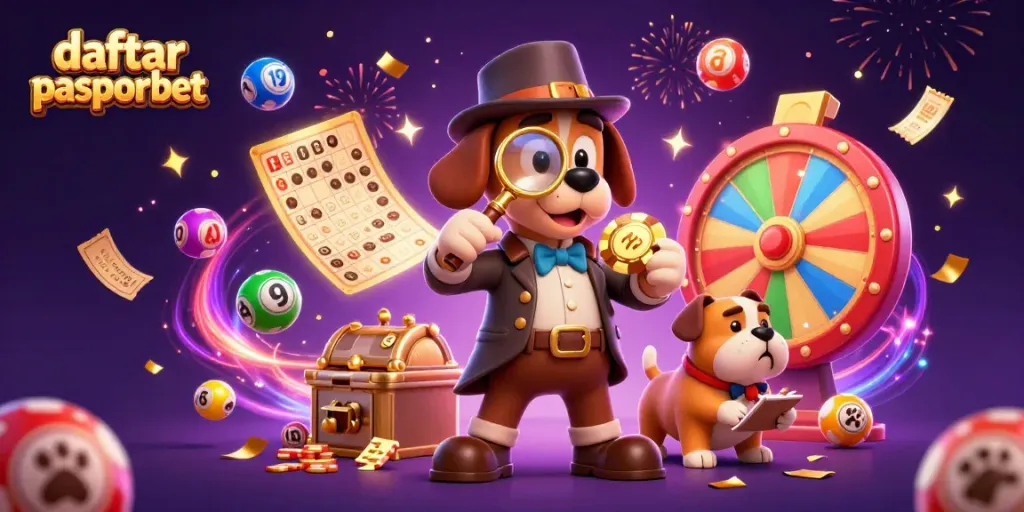 Gambarkan penyelidikan daftar pasporbet dengan detektif dan undian lotere yang penuh warna.