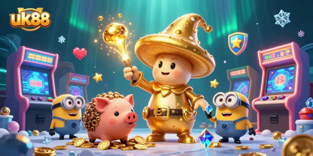 Engage in lucrative play with uk88's vibrant casino world featuring unique characters and gold treasures.
