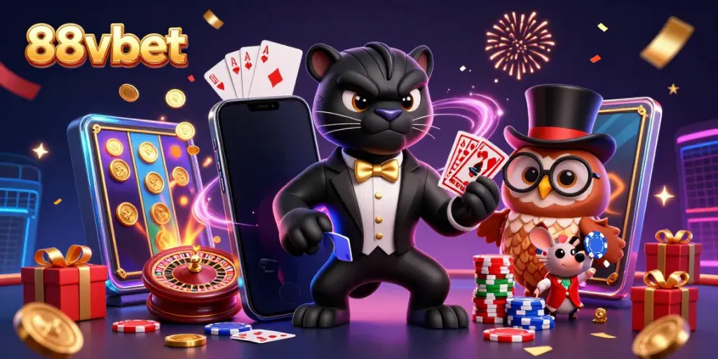 88vbet animated scene with stylish panther, owl, and mouse amidst casino games and festive decor