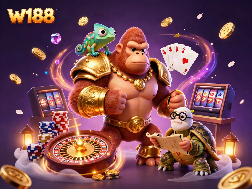 Experience thrilling gameplay at w188 with the dynamic gorilla king and his companions as they showcase exciting casino features.