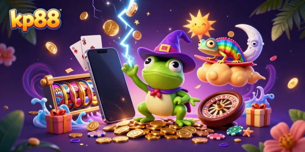 Experience the excitement of kp88 with animated characters, golden coins, and vibrant casino elements.