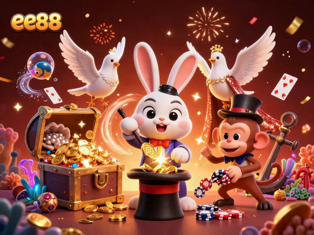 Experience exciting games at ee88 with a fantastical scene of a magician rabbit conjuring coins.