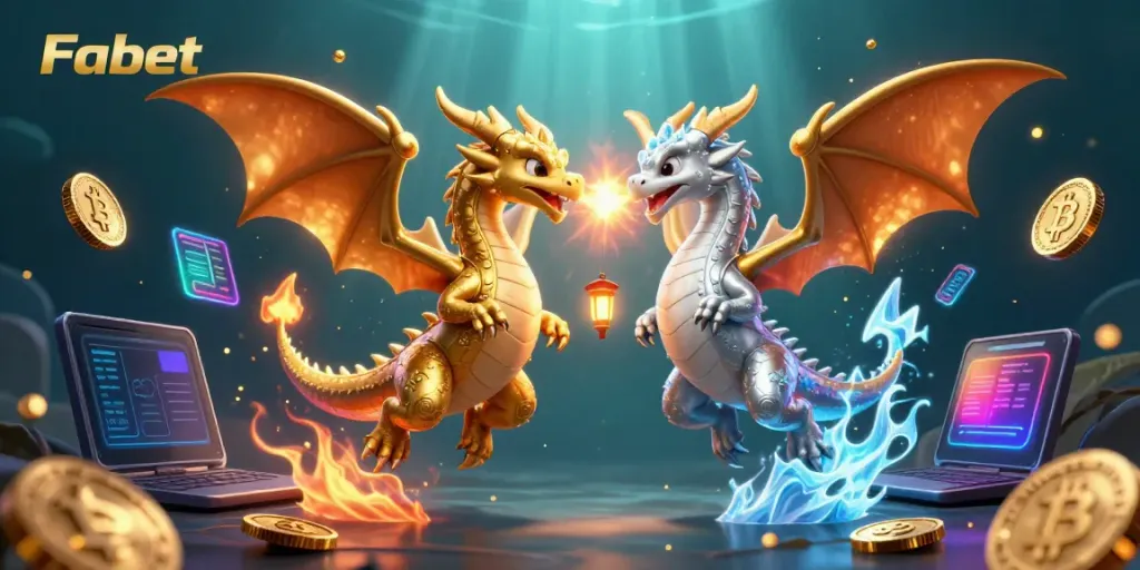 Experience the magic of Fabet's gaming universe with twin dragons and crypto elements surrounding them.