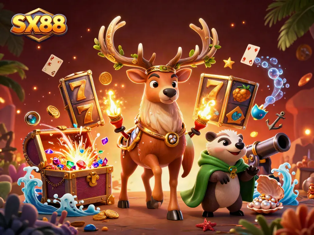 SX88 immersive 3D illustration showcasing dynamic slot gameplay with enchanting characters and rich visuals