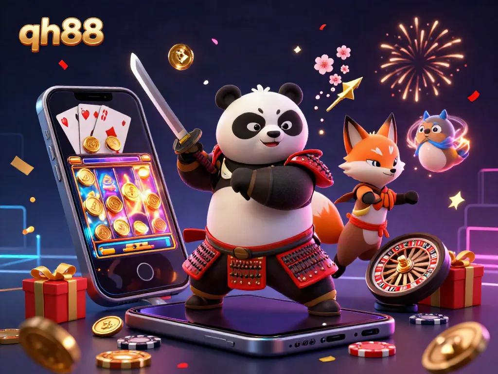Experience thrilling gameplay at qh88 with our vibrant 3D casino illustration showcasing a samurai panda and friends celebrating winnings.