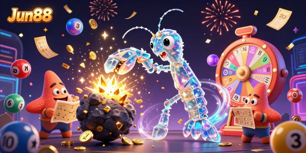 Experience the excitement of Jun88 with vibrant casino elements and dynamic characters in action.