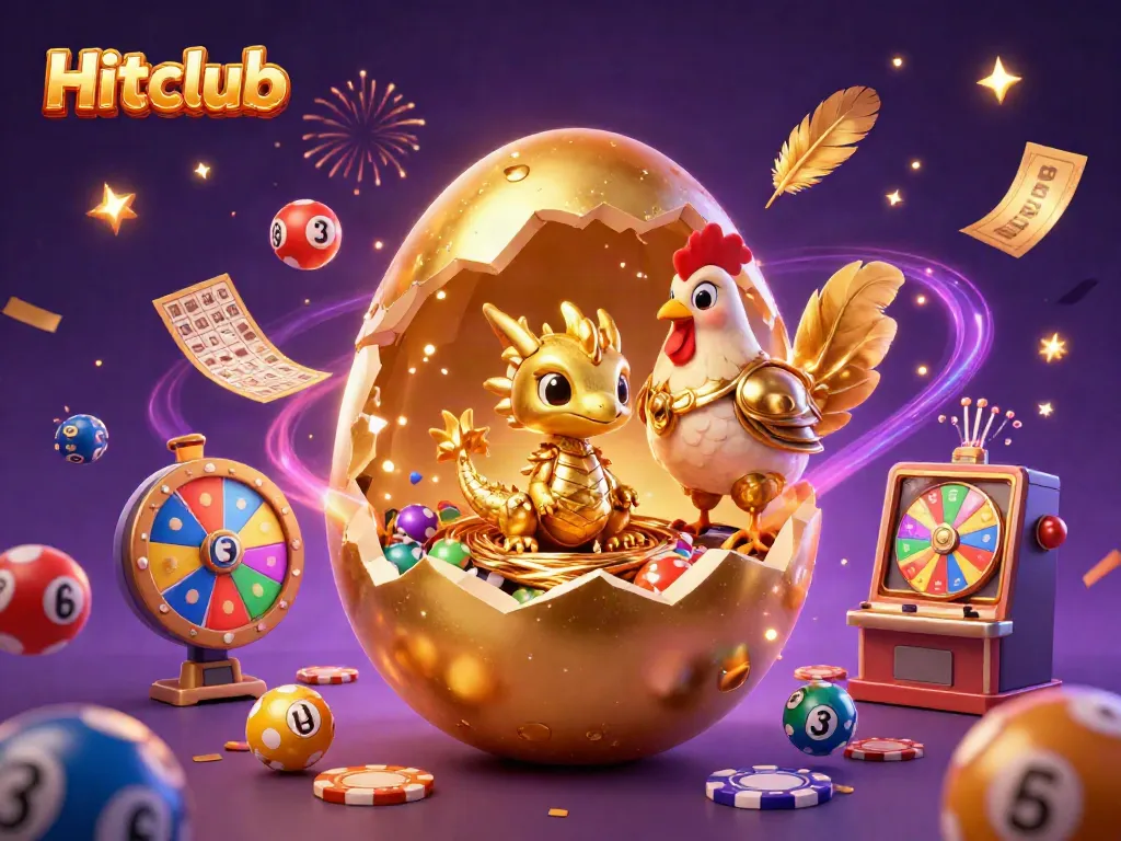 Hitclub showcases a golden dragon on poker chips surrounded by vibrant lottery elements, celebrating the gambling experience.